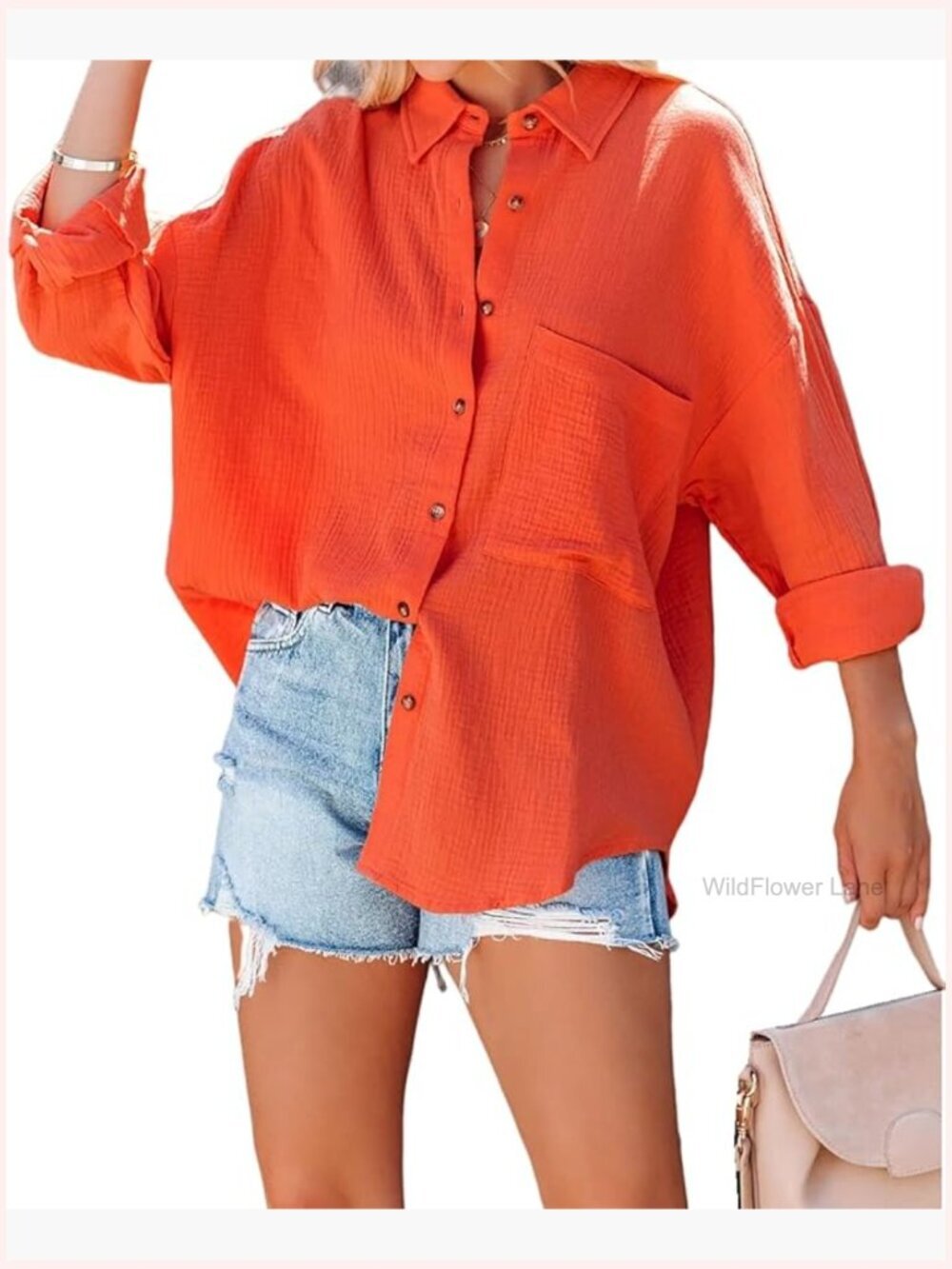 Women's Cotton Long Sleeve Button Down Oversized Blouse with Pocket